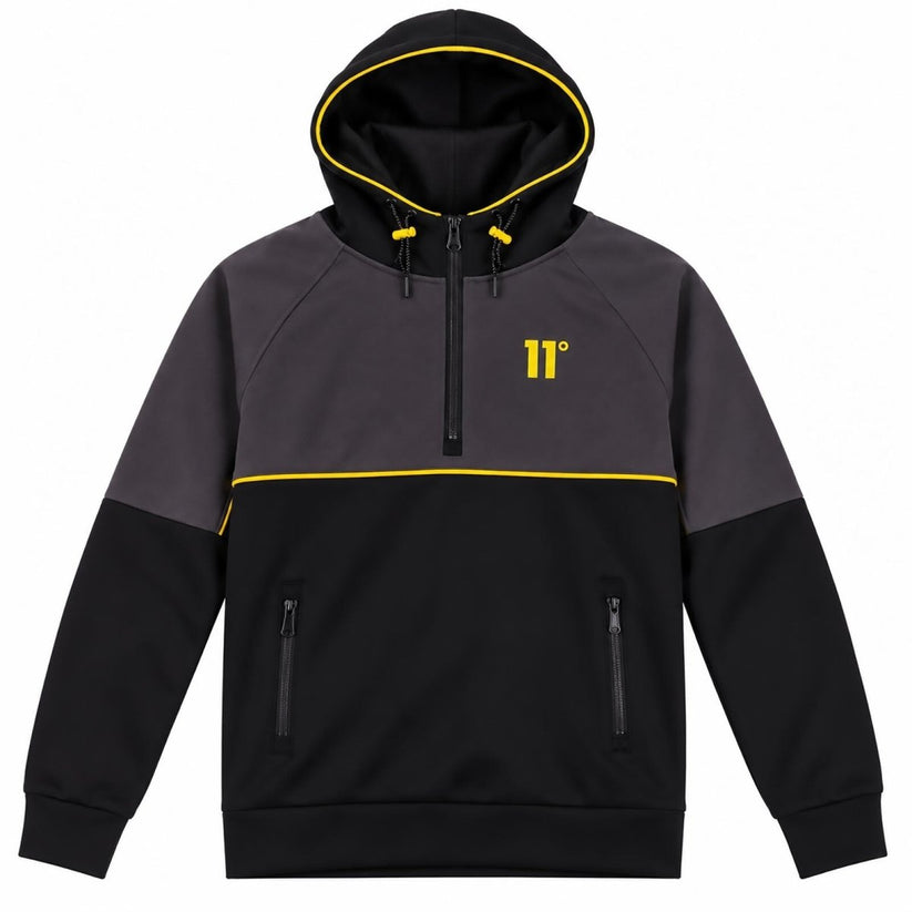 11 Degrees Mens Black Grey Half Zip Hoodie Size M Yellow Piping Sports Pullover – product photo 1 | RewearableUK