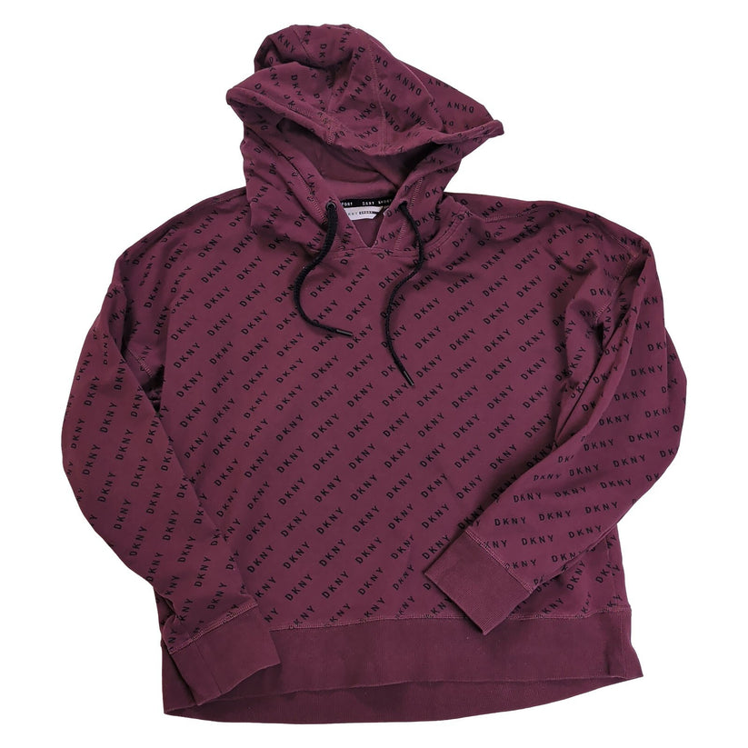 DKNY Sport Womens Hoodie M Burgundy All Over Logo Print Pullover Sweatshirt