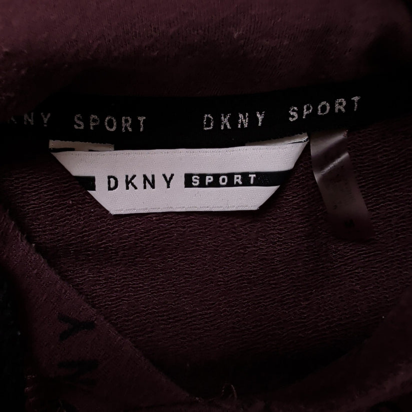 DKNY Sport Womens Hoodie M Burgundy All Over Logo Print Pullover Sweatshirt