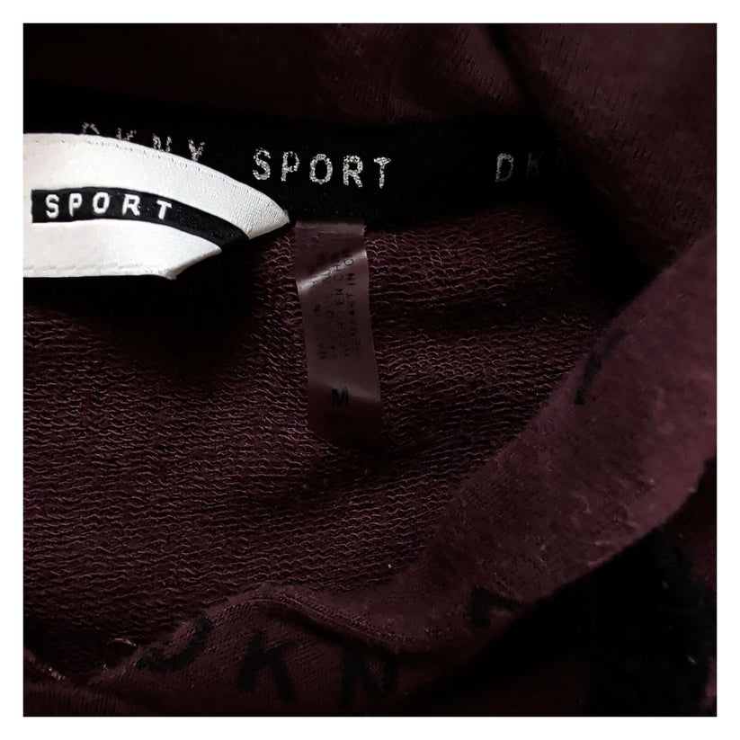 DKNY Sport Womens Hoodie M Burgundy All Over Logo Print Pullover Sweatshirt