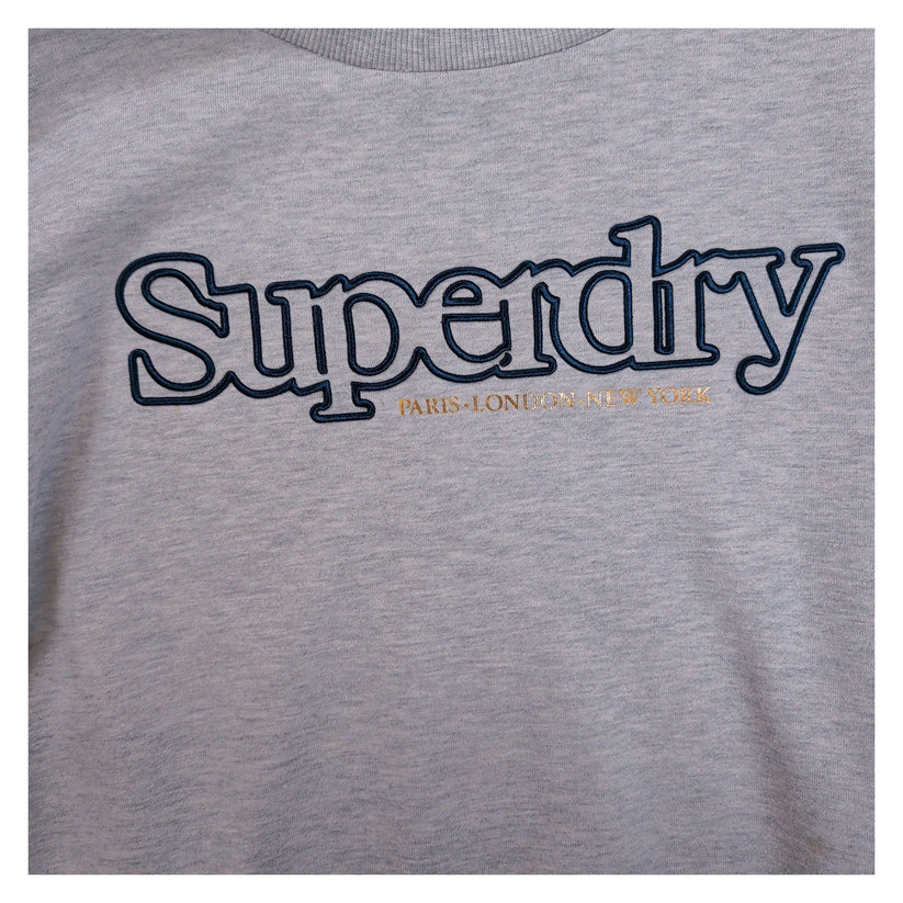 Superdry Womens Grey Marl Sweatshirt UK 16 Embroidered Logo Crew Neck