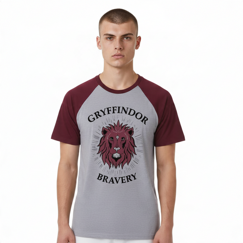 Harry Potter Gryffindor Bravery Men's Raglan T-Shirt L Grey Burgundy Lion