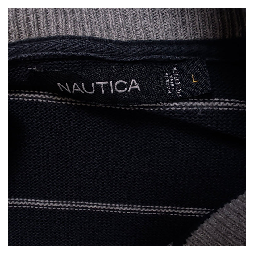 Nautica Men's Navy Blue Striped Quarter Zip Cotton Knit Jumper Size L