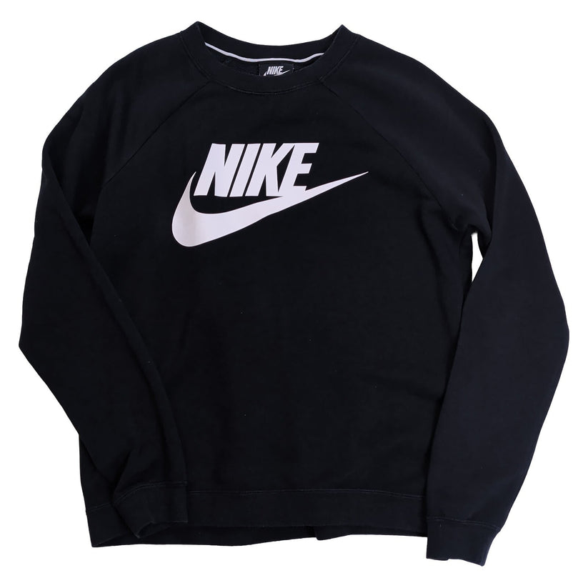 Nike Black Crew Neck Sweatshirt Size S White Logo Swoosh Raglan Sleeve Pullover