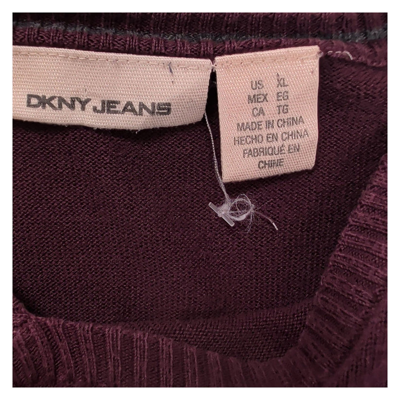 DKNY Jeans Womens Burgundy V Neck Jumper XL Chest Pocket Long Sleeve Knit