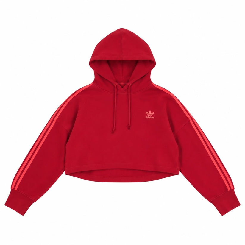 Adidas Originals Womens Red Cropped Hoodie UK 6 XS Trefoil Stripe Pullover – product photo 1 | RewearableUK