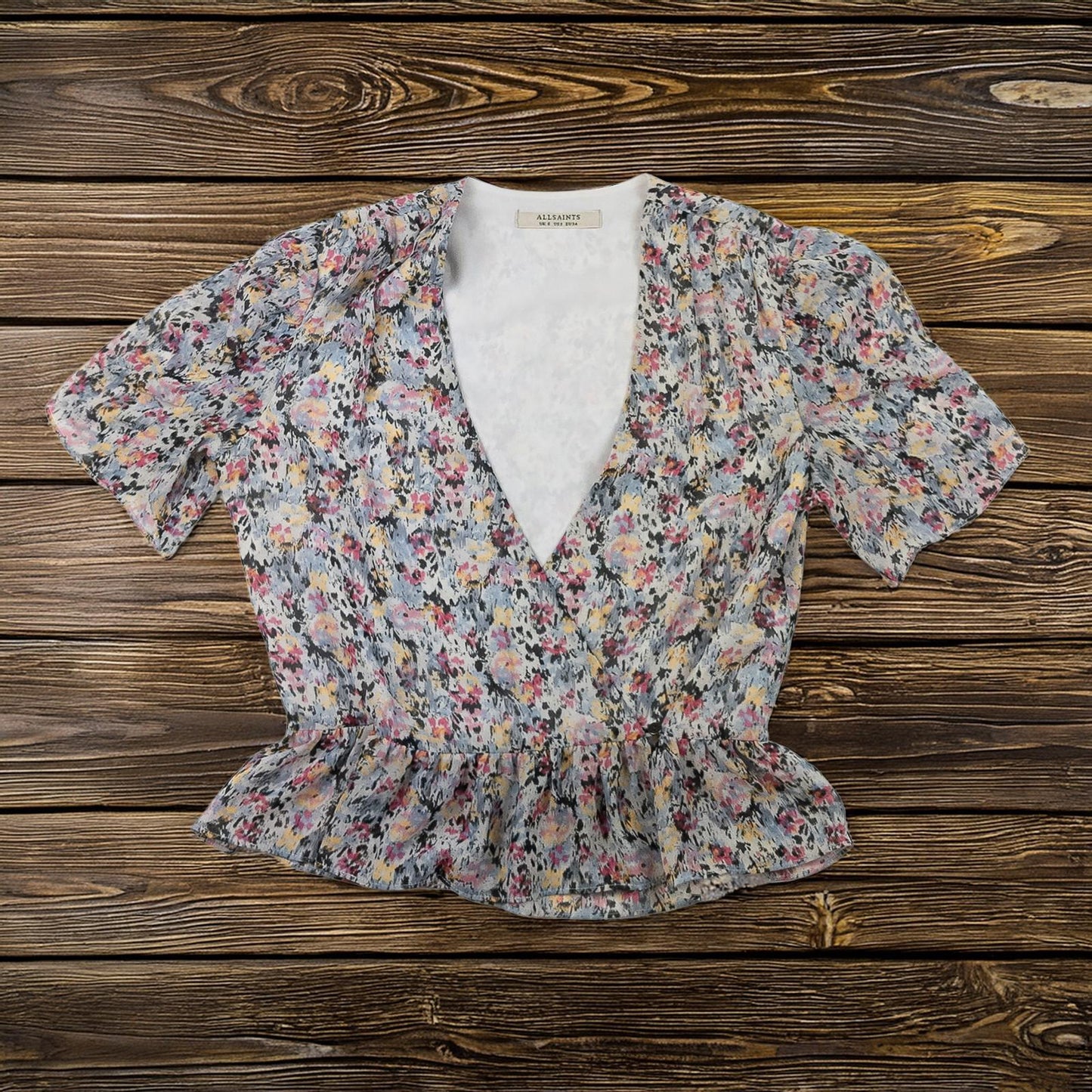 AllSaints Woman Floral Top Size UK 6 Ilia Sketch V - Neck Peplum Short Sleeve Shee by AllSaints – | RewearableUK