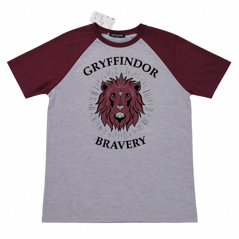 Harry Potter Gryffindor Bravery Men's Raglan T-Shirt L Grey Burgundy Lion