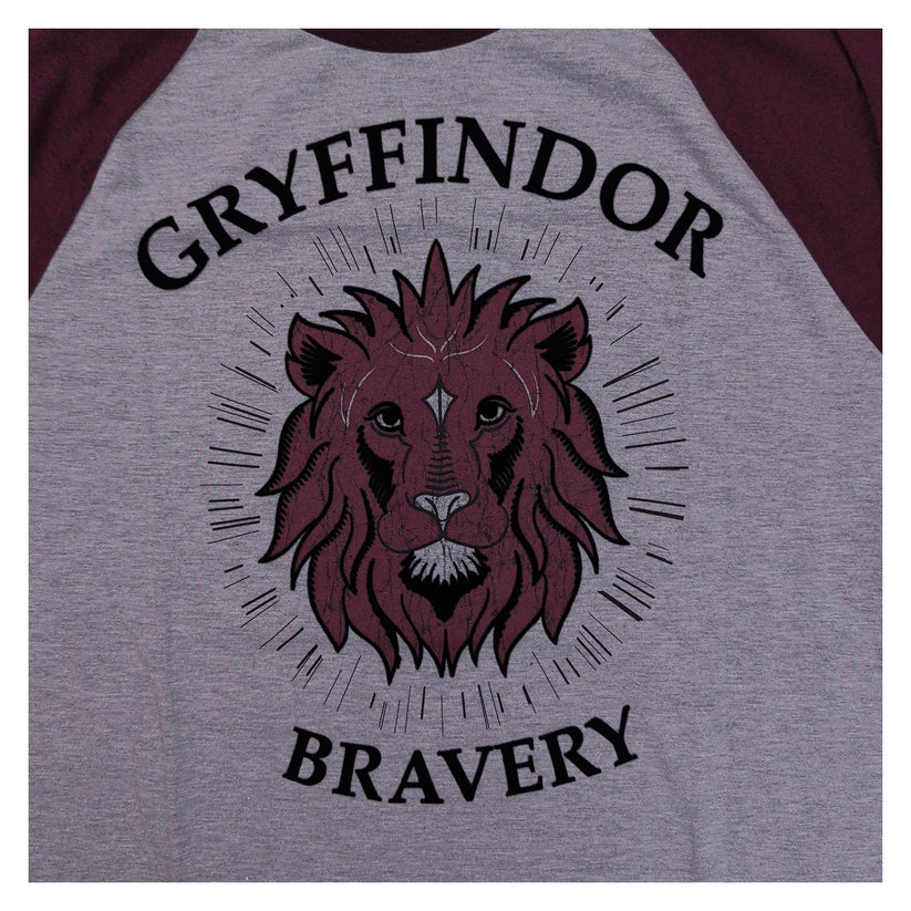 Harry Potter Gryffindor Bravery Men's Raglan T-Shirt L Grey Burgundy Lion