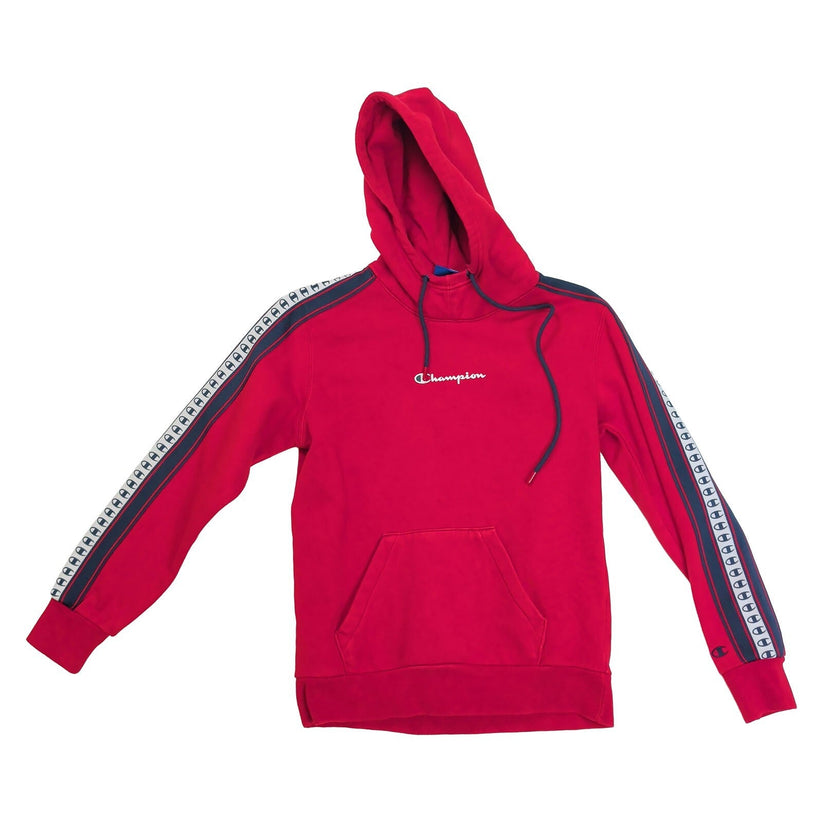 Champion Red Logo-Tape Unisex Hoodie XS, 100% Cotton Kangaroo Pocket Ribbed Cuffs