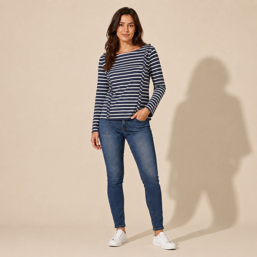Boden Breton Ruffle Top UK 12 Navy White Stripe – product photo 1 | RewearableUK