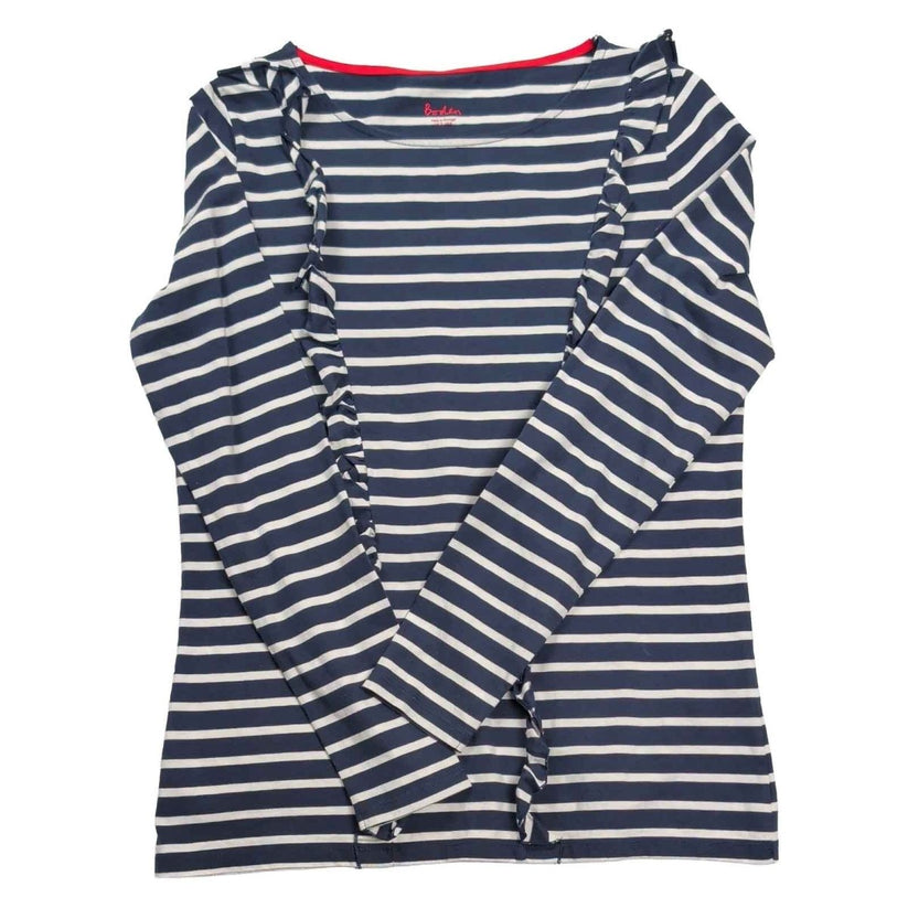 Boden Womens Breton Top UK 12 Navy White Striped Cotton Ruffle Long Sleeve – product photo 1 | RewearableUK