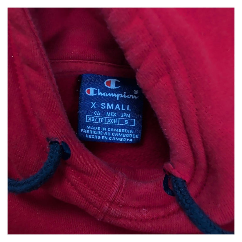 Champion Red Hoodie XS Pullover Sweatshirt Tape Logo Sleeves 100% Cotton – Hoodie product photo 7 | RewearableUK