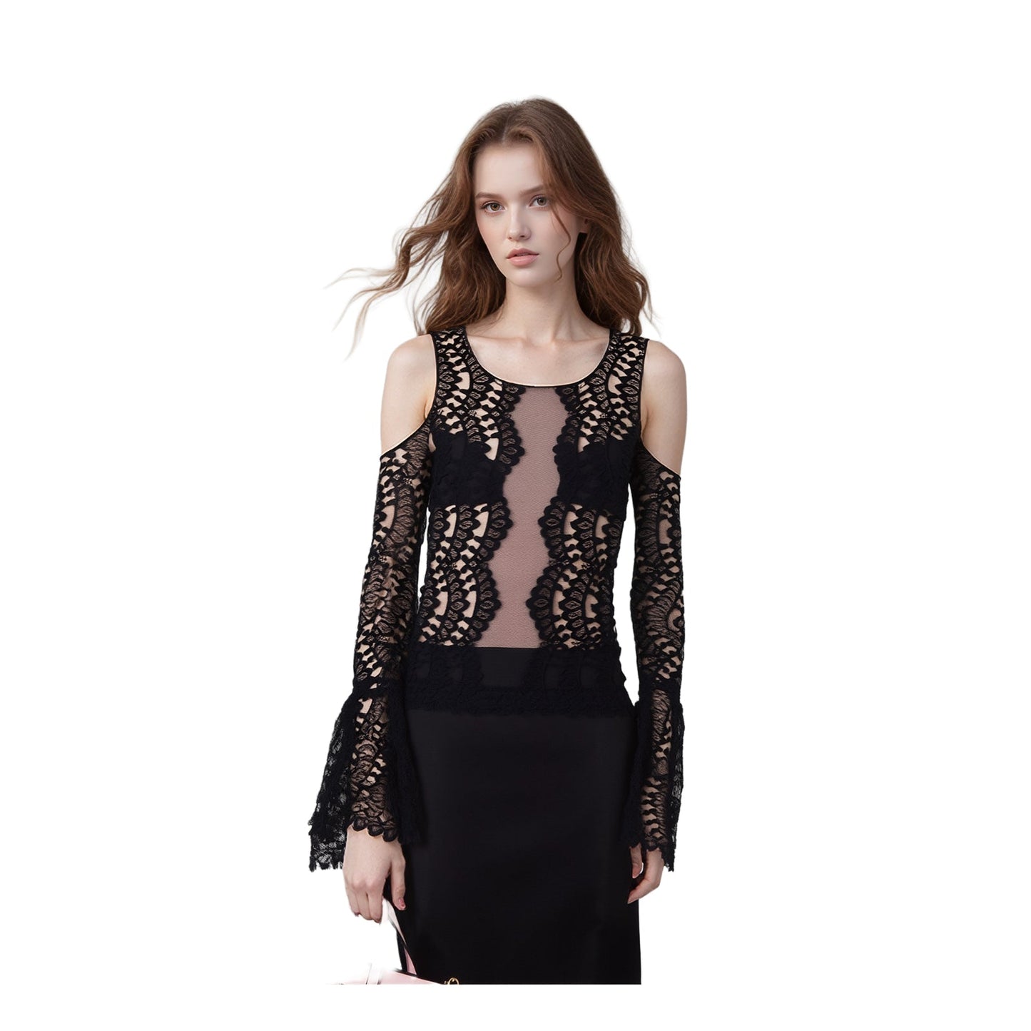 Coast Top UK 10 Black Nude Lace Cold Shoulder Bell Sleeve Blouse by Coast – | RewearableUK