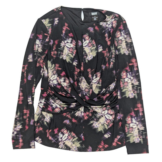 DKNY Abstract Print Top Size XL (UK 16 - 18) Black Purple Twist Front Jersey Blous by DKNY – | RewearableUK