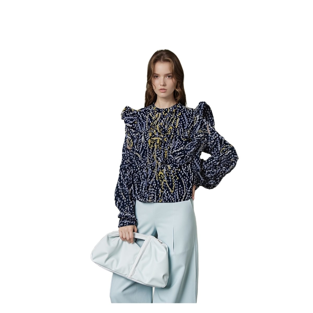 DKNY Navy Abstract Ruffle Blouse Size 1X Plus Size Tie Neck Sheer Long Sleeve by DKNY – blouse | RewearableUK
