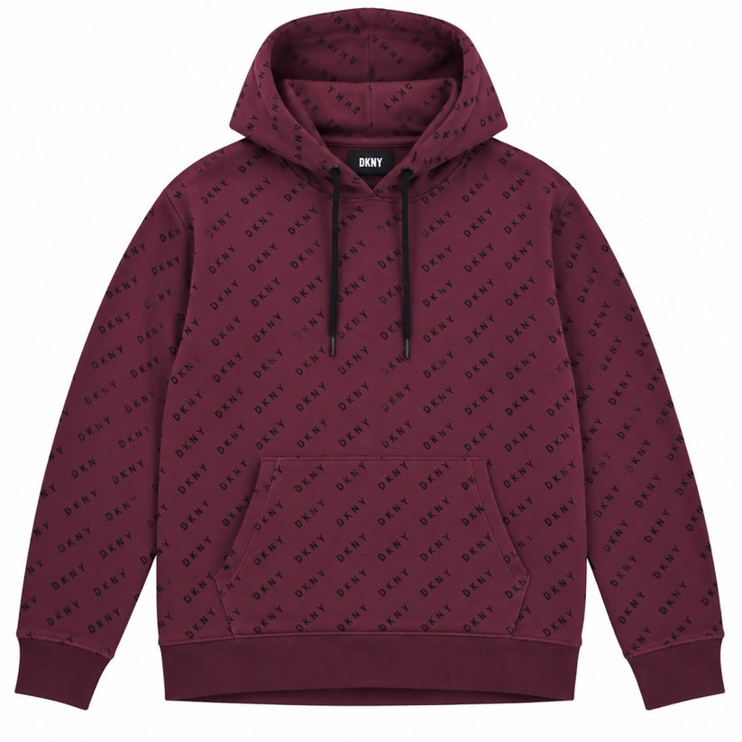DKNY Sport Womens Hoodie M Burgundy All Over Logo Print Pullover Sweatshirt – product photo 1 | RewearableUK