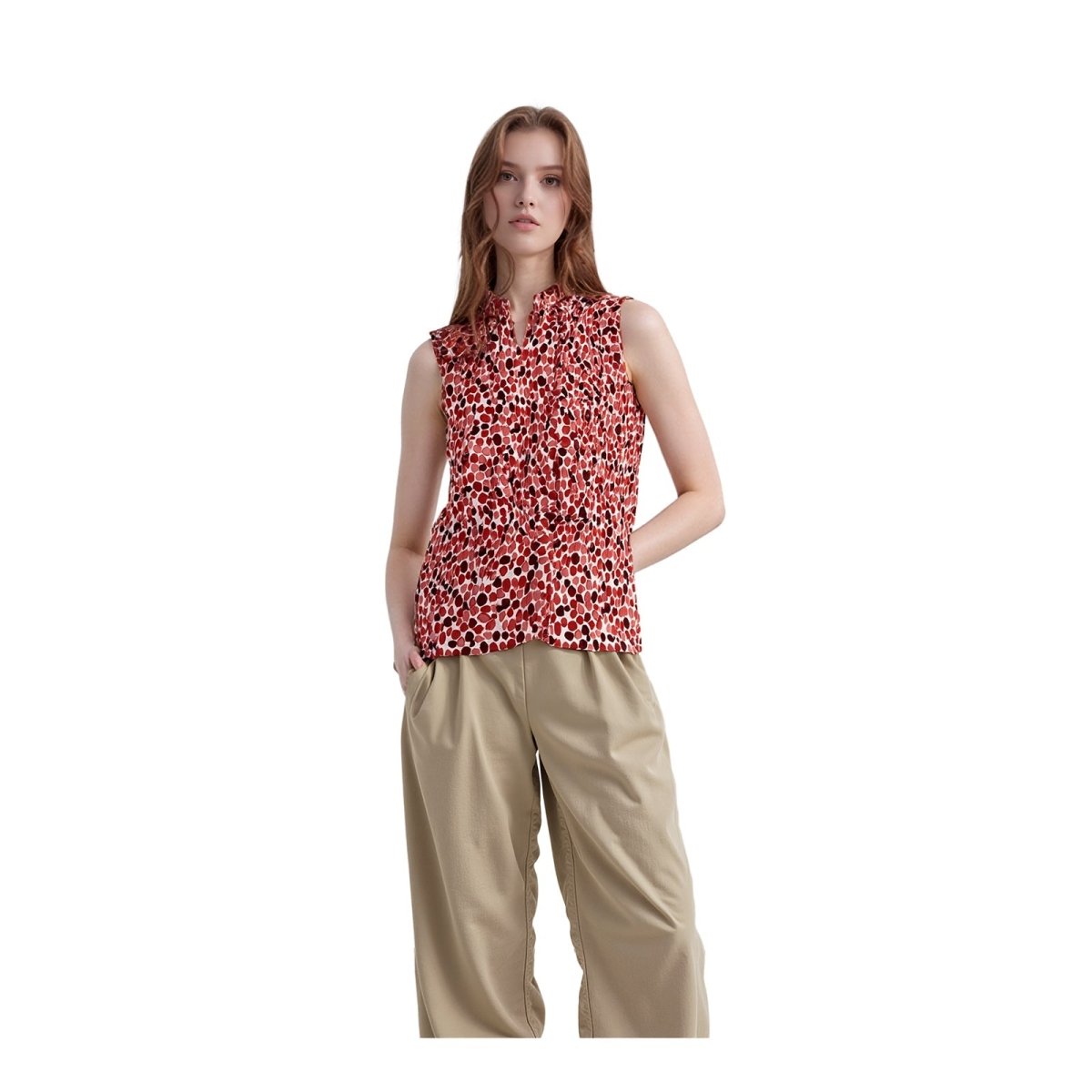 DKNY Woman Red Pleated Blouse Size XL Plissé Abstract Print Tie Hem Sleeveless by DKNY – blouse | RewearableUK