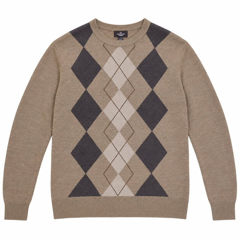 Dockers Men's Argyle Knit Jumper Beige Grey Cream Diamond Crew Neck Size L – product photo 1 | RewearableUK