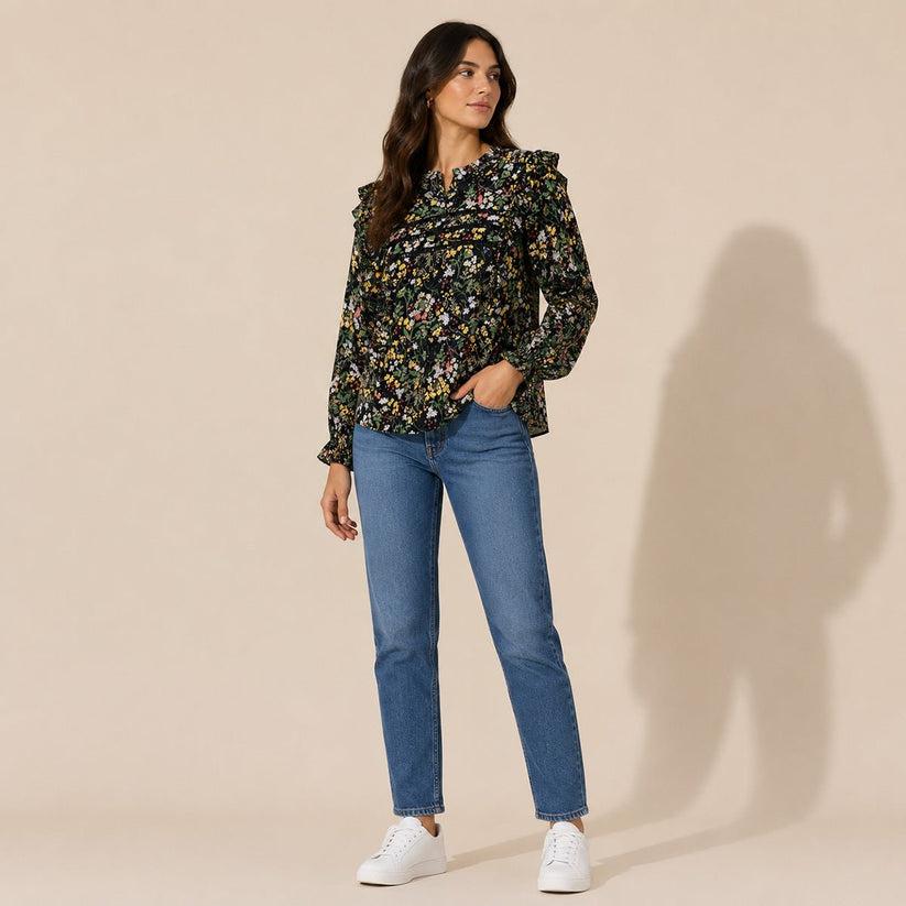 Fat Face Black Floral Cold Shoulder Blouse – UK 16 – Top product photo 1 | RewearableUK