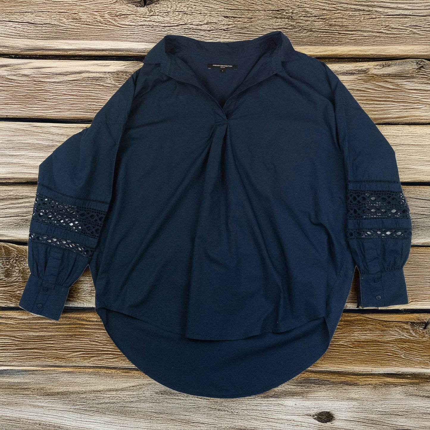 French Connection Navy Blue Cotton Shirt Blouse Lace Sleeve Detail Top Size L by French Connection – | RewearableUK