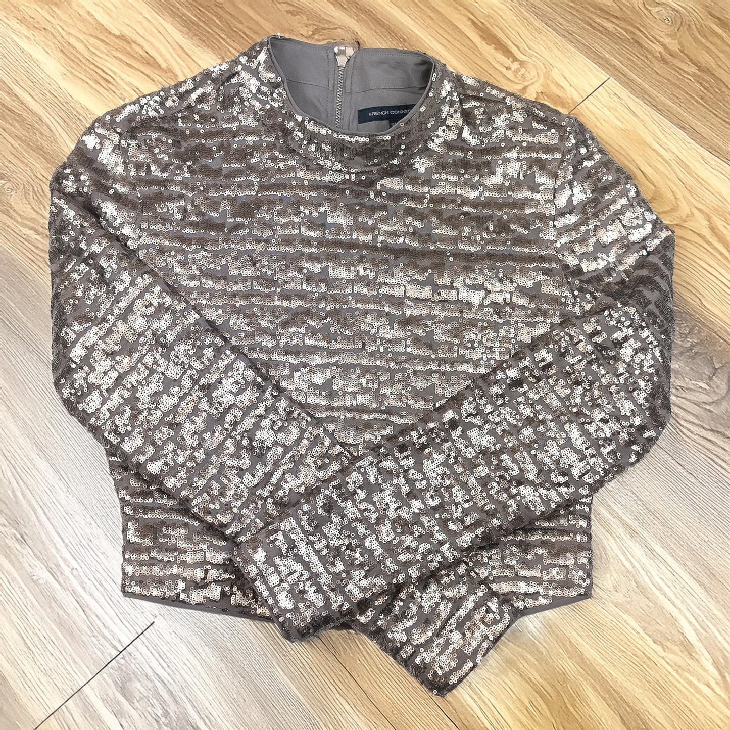 French Connection Sequin Top UK 8 XS Gunmetal Grey Mock Neck Blouse by French Connection – | RewearableUK