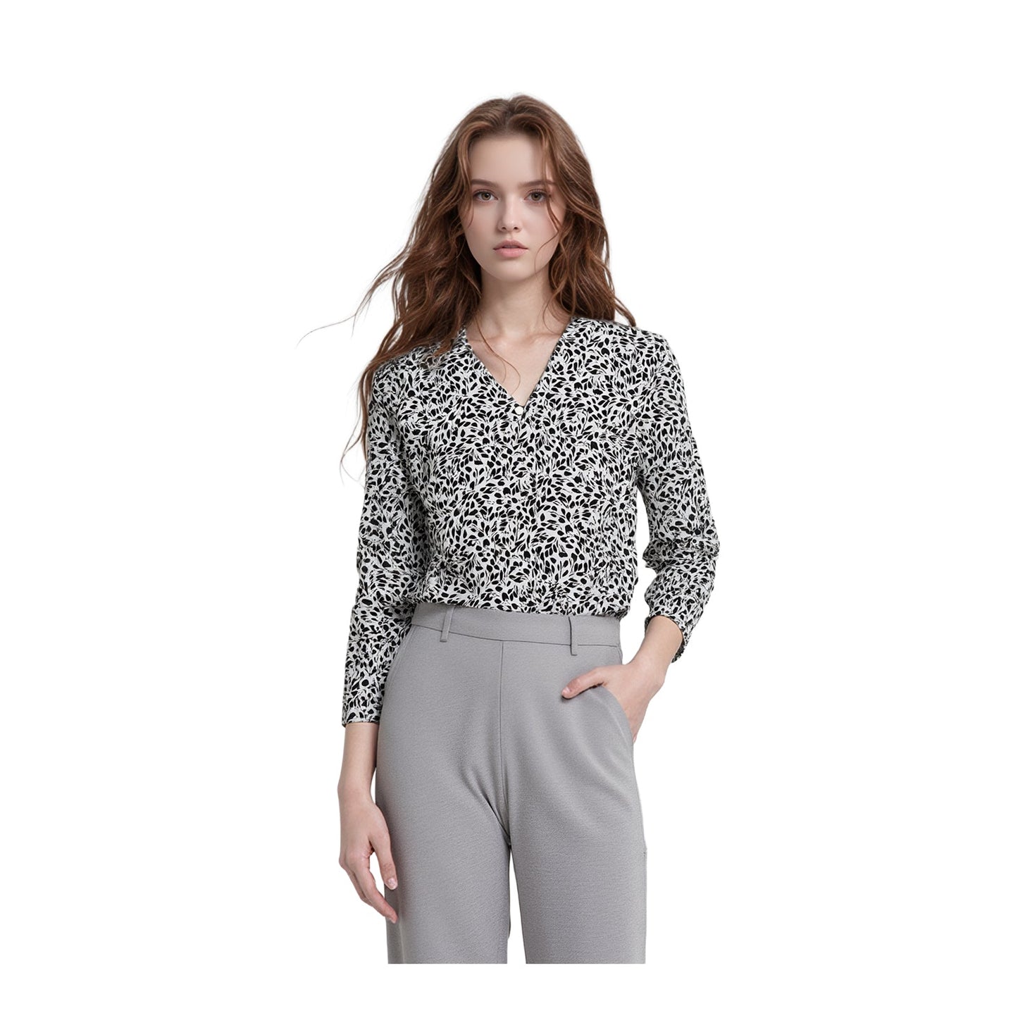 Hobbs London Monochrome Leaf Print Blouse Size UK 12 V - Neck Long Sleeve Office by Hobbs – blouse | RewearableUK