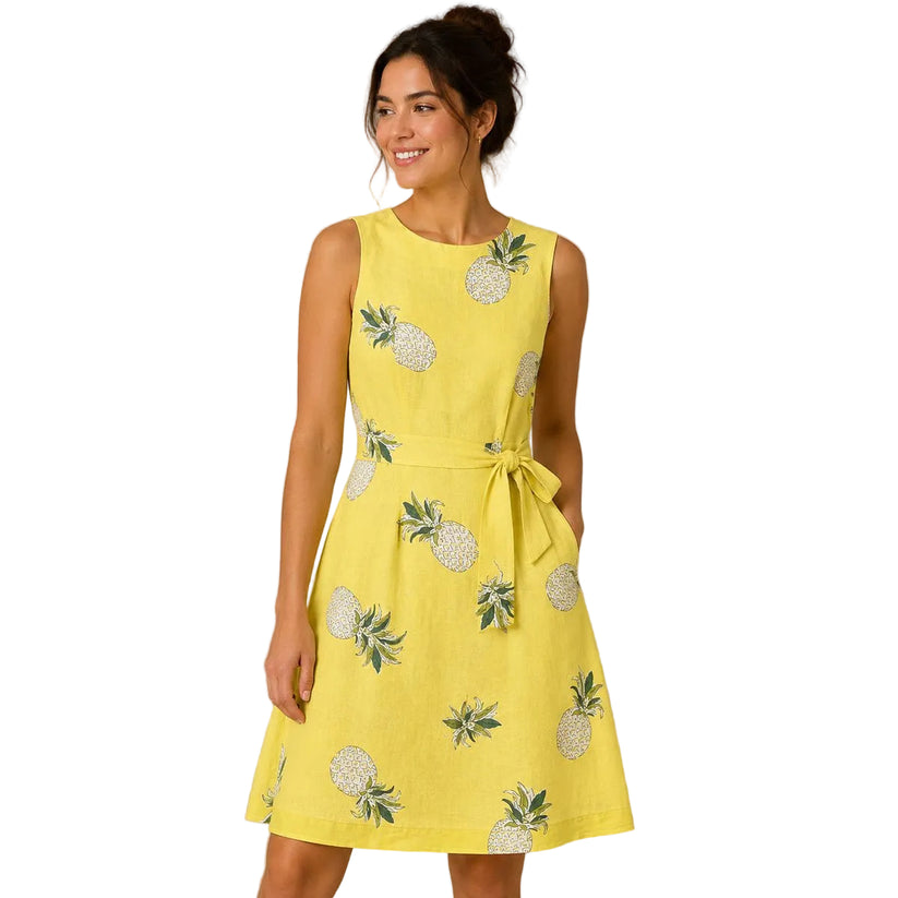Hobbs Twitchill Pineapple Linen Dress UK 10 Yellow Belted Sleeveless – Dresses product photo 1 | RewearableUK