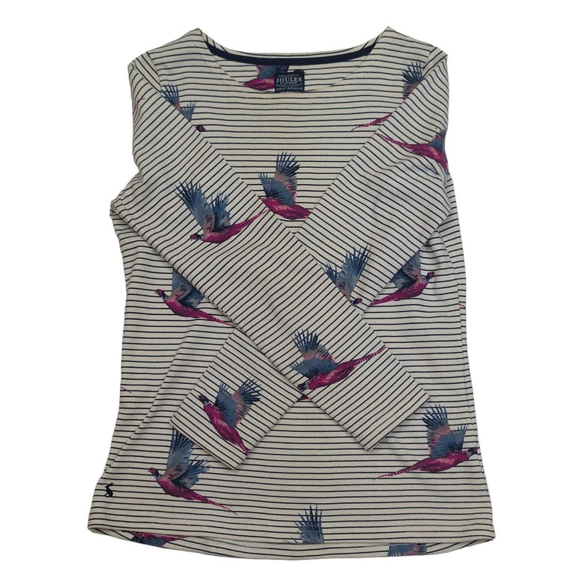Joules Harbour Top Size UK 12 US 8 Pheasant Print Stripe Cotton Boat Neck Shirt by Joules – | RewearableUK