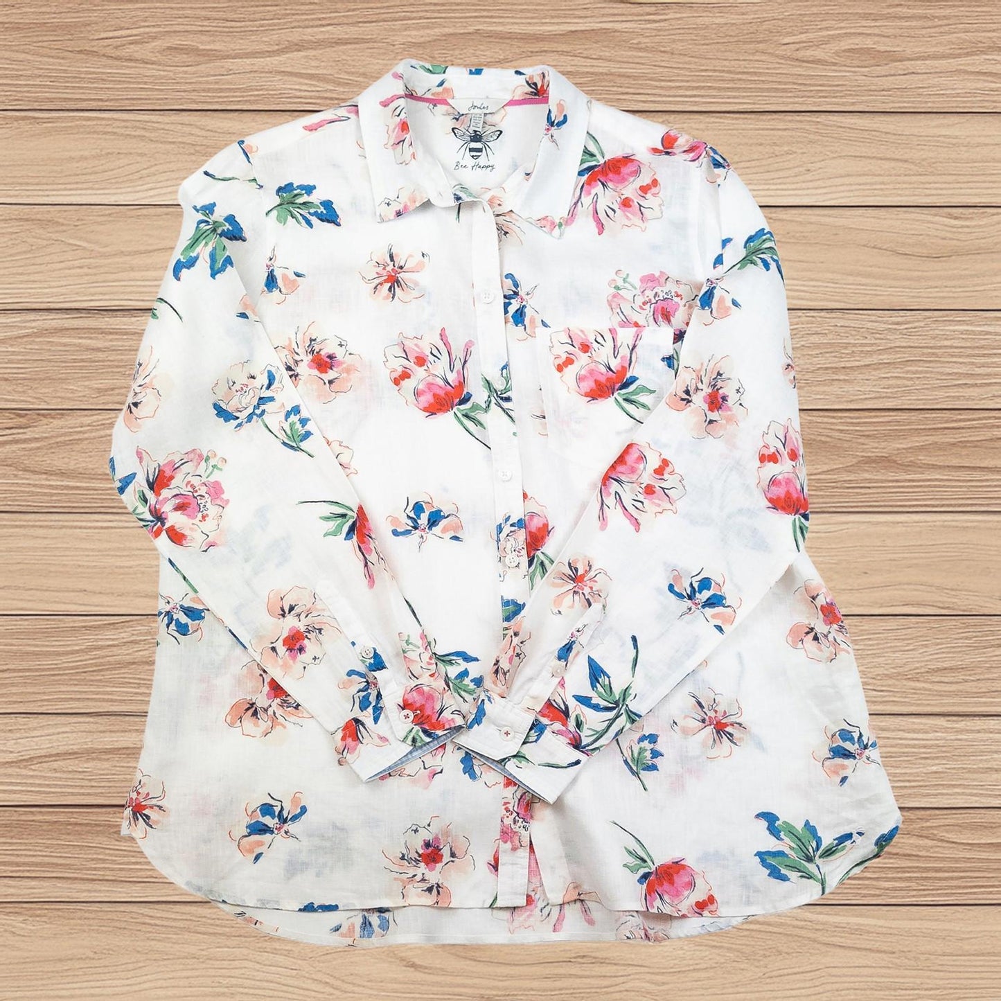 Joules Woman White Linen Shirt Size UK 16 Lorena Floral Print Long Sleeve Button by Joules – | RewearableUK