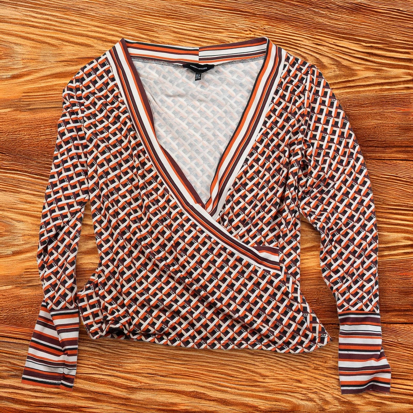 Karen Millen Woman Geo Print Wrap Top Size UK 12 Orange Abstract Long Sleeve Jer by Karen Millen – | RewearableUK