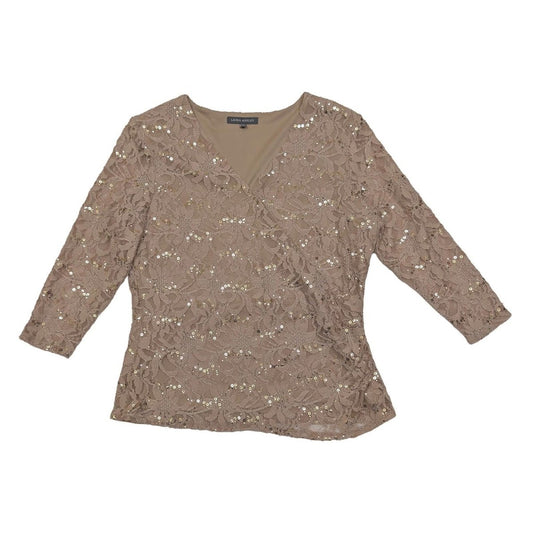 Laura Ashley Sequin Lace Top UK 16 Beige Gold Wrap V - Neck 3/4 Sleeve Blouse by Laura Ashley – | RewearableUK