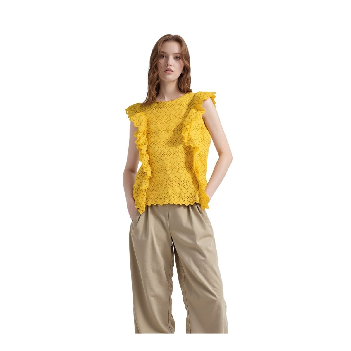 Lauren Ralph Lauren Eyelet Top Yellow Ruffle | Women's Medium by Lauren Ralph Lauren – blouse | RewearableUK
