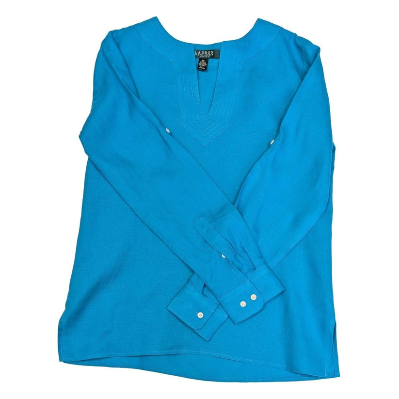 Lauren Ralph Lauren Petite Linen Tunic Top Size PS Small Turquoise Blue V - Neck by Lauren Ralph Lauren – | RewearableUK