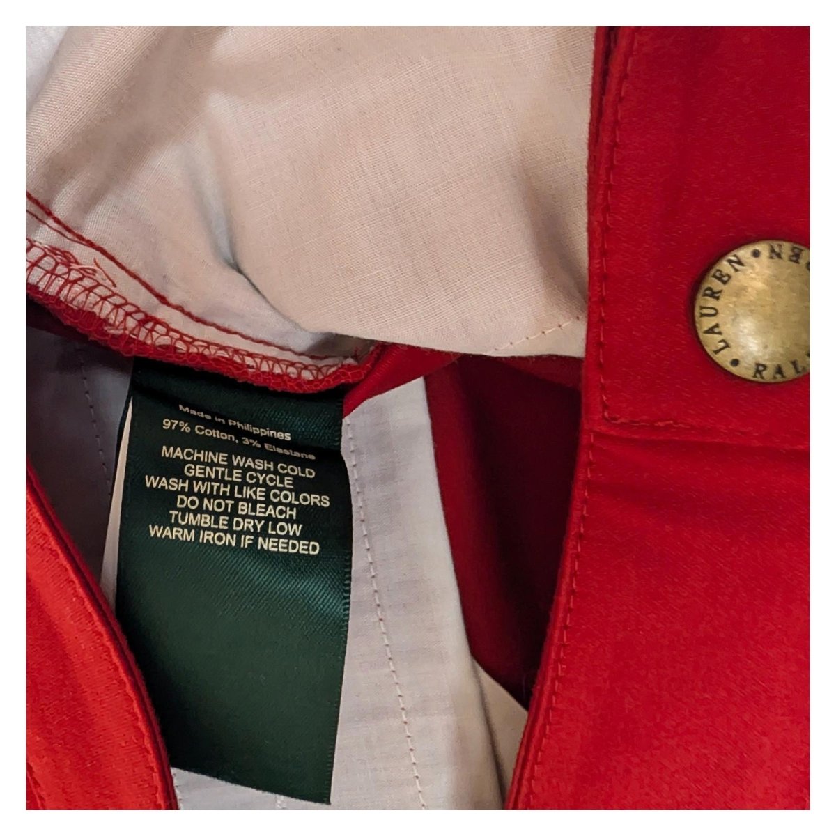 Lauren Ralph Lauren Red Chino Trousers US 10 UK 14 Stretch Cotton Gold Zip Pants by Lauren Ralph Lauren – | RewearableUK