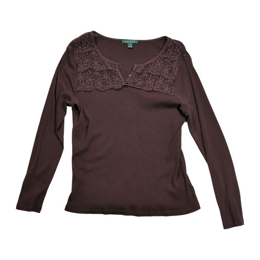 Lauren Ralph Lauren Womens Top XL UK 20-22 Brown Cotton Lace Long Sleeve Henley – product photo 1 | RewearableUK