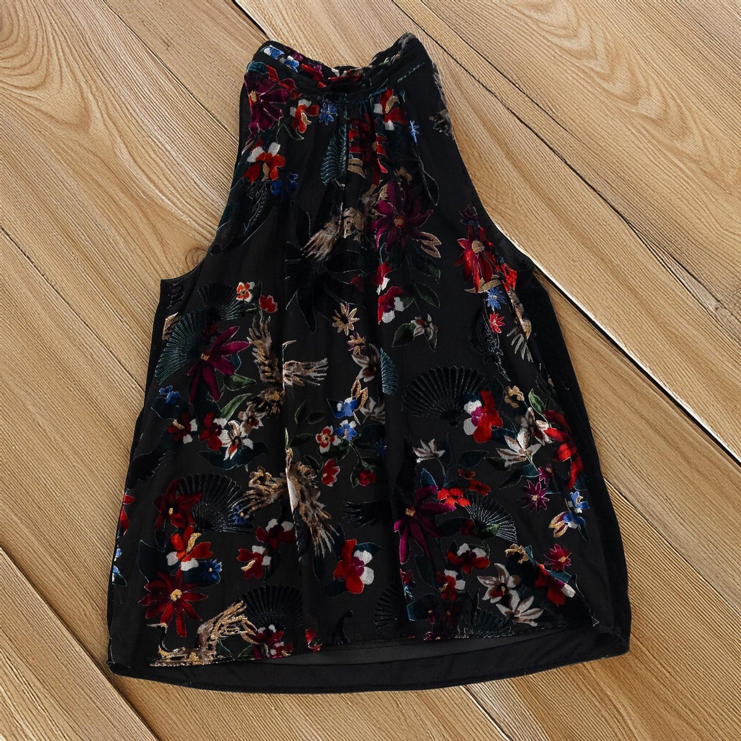 Monsoon Top UK 10 Black Velvet Devoré Floral Bird Halter Neck Blouse by Monsoon – | RewearableUK