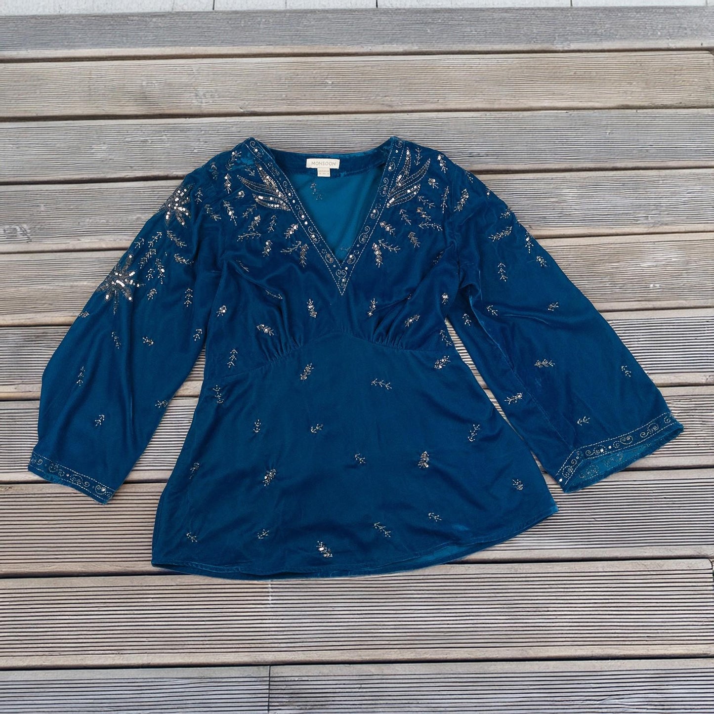 Monsoon Top UK 12 Teal Blue Velvet Sequin Embroidered Boho V - Neck Blouse by Monsoon – | RewearableUK