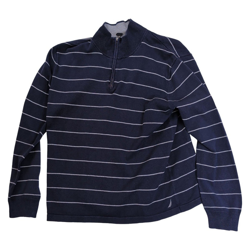 Nautica Men's Navy Blue Striped Quarter Zip Cotton Knit Jumper Size L – product photo 9 | RewearableUK