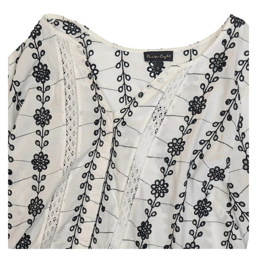 Phase Eight White Cotton Top Size UK 18 Black Embroidered Lace Boho Peasant Blou by Phase Eight – | RewearableUK