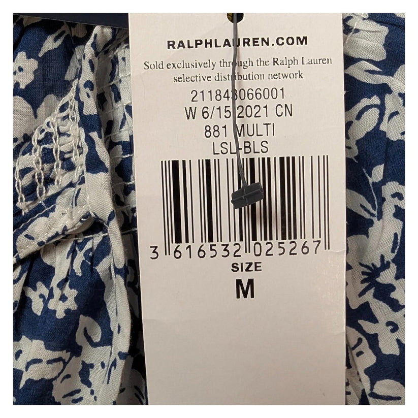 Polo Ralph Lauren Blouse Size M Blue White Floral Cotton Tie Neck NWT by Polo Ralph Lauren – blouse | RewearableUK