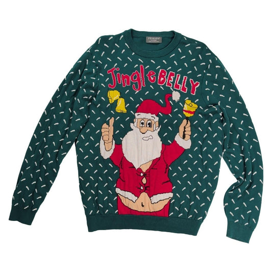 Primark Men's Christmas Jumper 2XL Green Jingle Belly Santa 100% Cotton Xmas – product photo 1 | RewearableUK