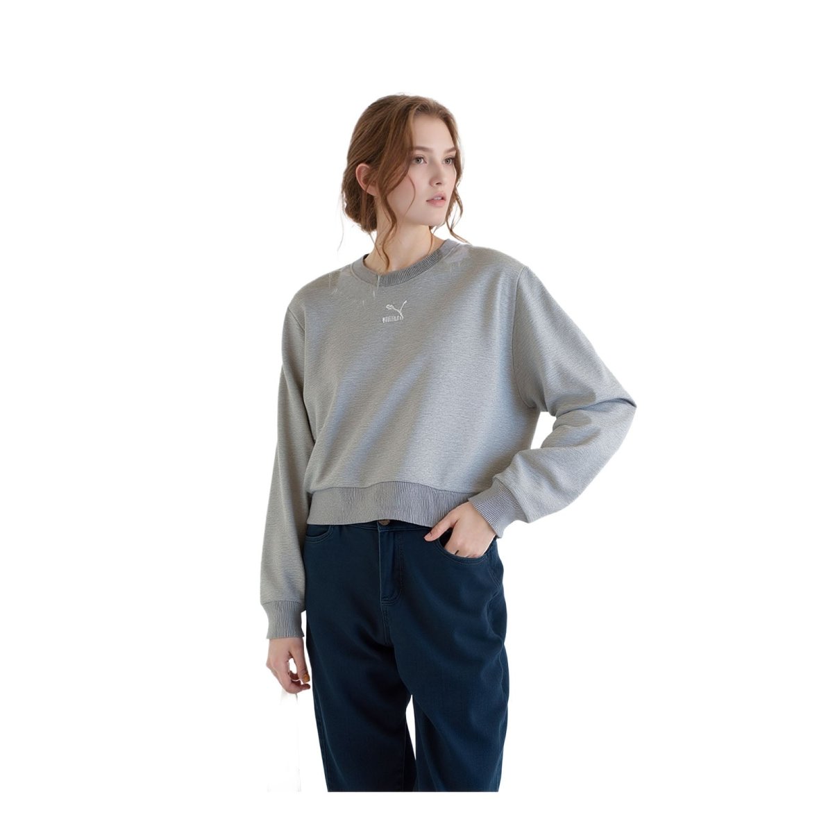PUMA Puma Women's Cropped Sweater Grey Pullover Size S • Casual Sustainable Design Sweater & Hoodie RewearableUK