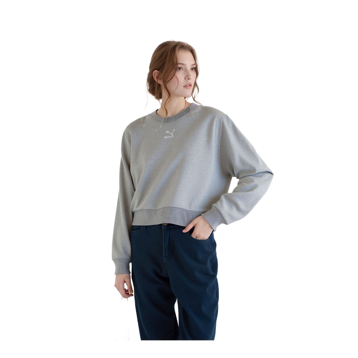 PUMA Puma Women's Cropped Sweater Grey Pullover Size S • Casual Sustainable Design Sweater & Hoodie RewearableUK