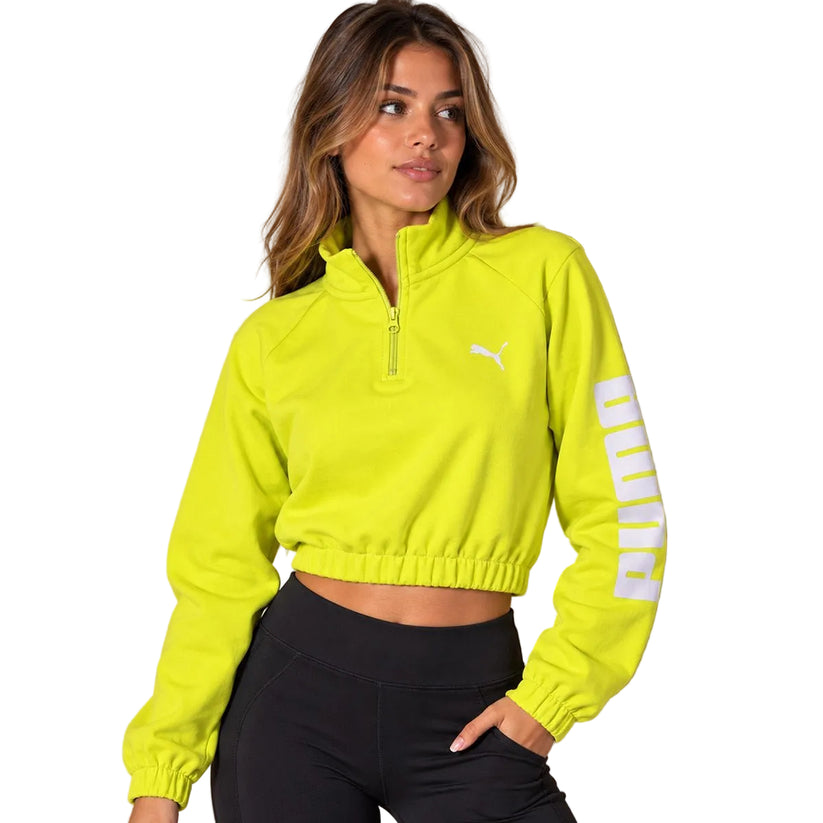 Puma Women's Cropped Sweatshirt XS Yellow Logo Printed Cotton Blend – Sweater & Hoodie product photo 1 | RewearableUK