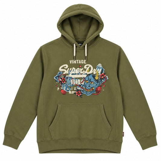 Superdry Olive Green Demon Graphic Unisex Hoodie M Cotton Kangaroo Pocket – Hoodie product photo 2 | RewearableUK