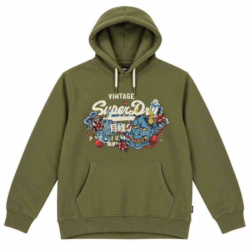 Superdry Olive Green Hoodie M Japanese Demon Graphic Pullover Sweatshirt – product photo 1 | RewearableUK