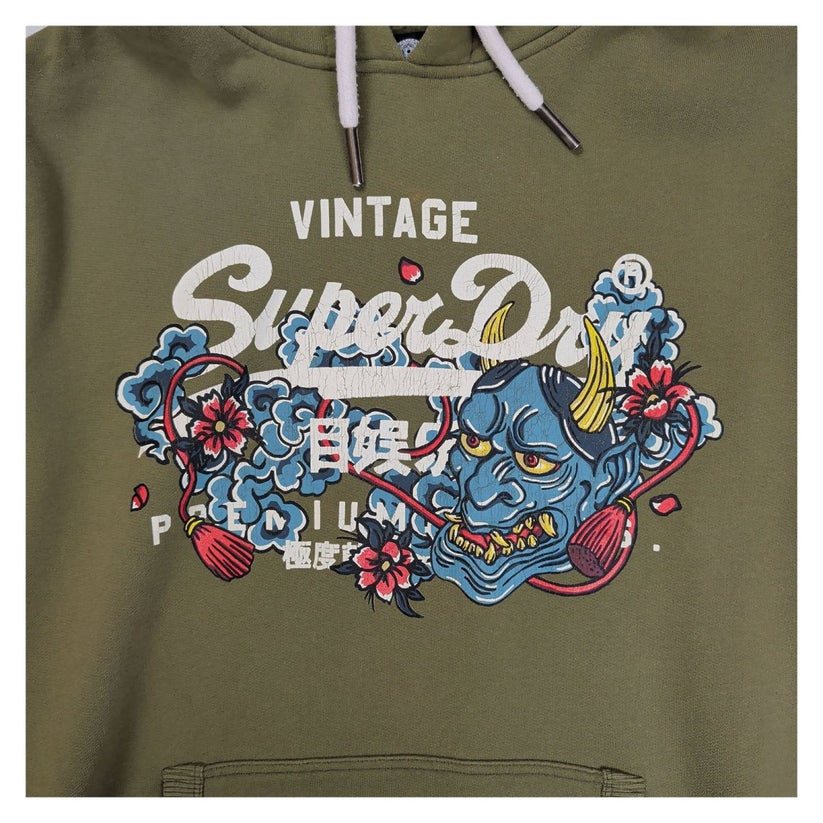 Superdry Olive Green Hoodie M Japanese Demon Graphic Pullover Sweatshirt – product photo 6 | RewearableUK