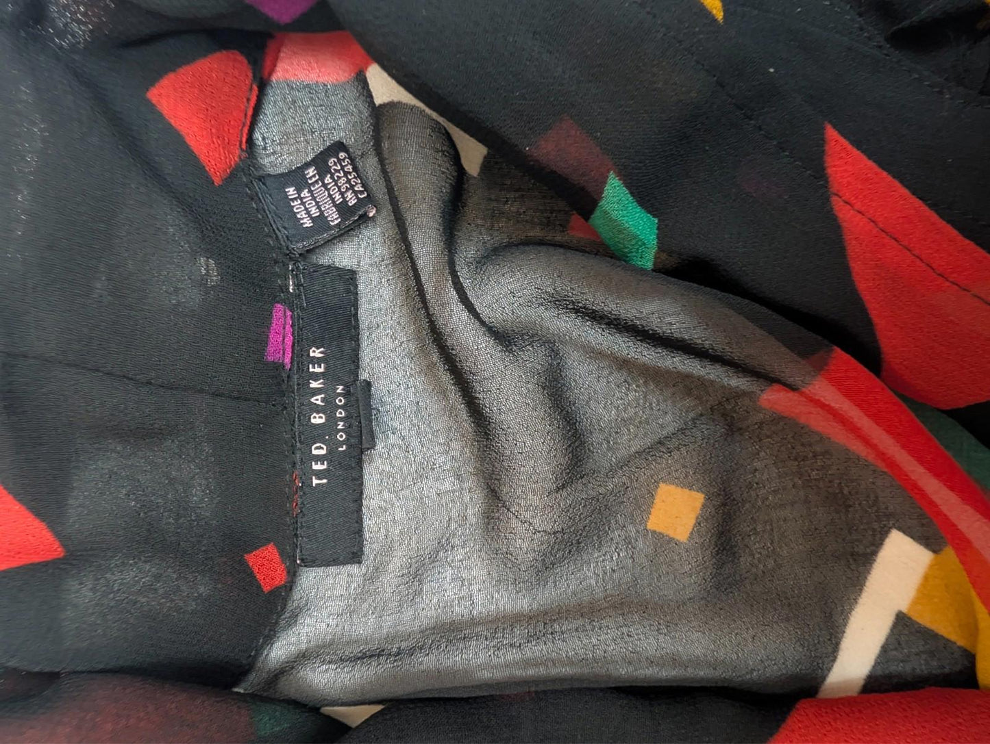 Ted Baker Black Geometric Blouse Size 4 UK 14 Ruffle Bell Sleeve Gold Trim Sheer by Ted Baker – | RewearableUK