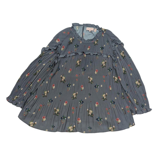Ted Baker Horili Pleated Top Size 3 UK 12 Blue Floral Strawberry Ruffle Blouse by Ted Baker – | RewearableUK